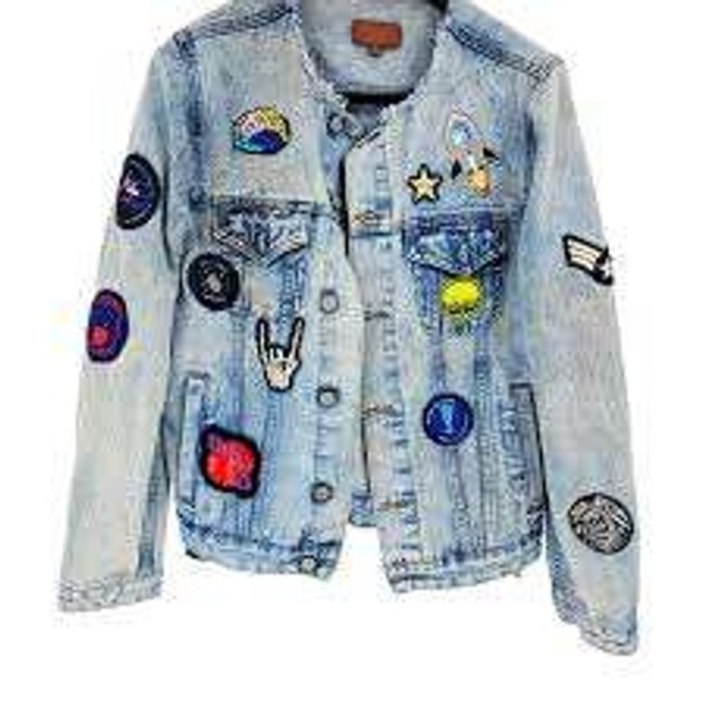 ASOS Denim Jacket Mens Large Light‎ Wash Patched Space USA Theme - Size L - Picture 2 of 7